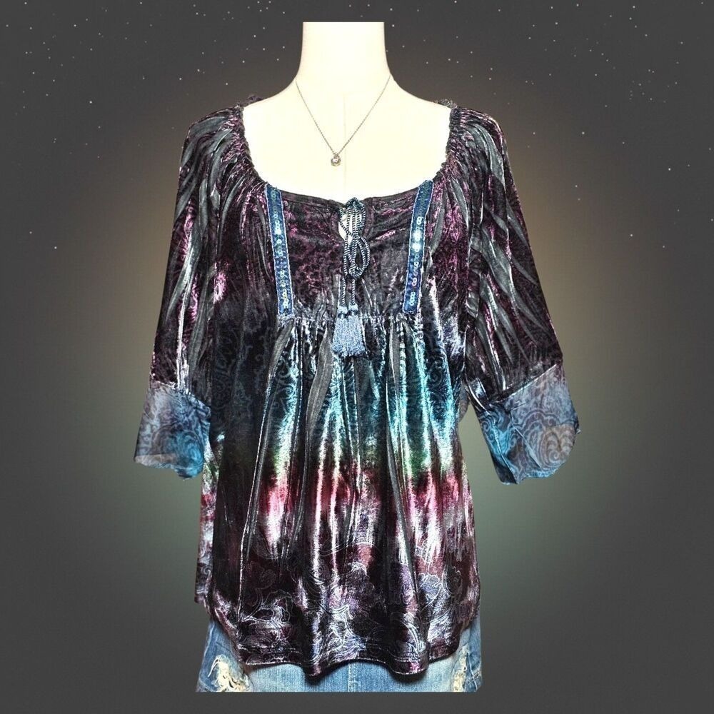 Live and Let Live Petite Velvet Tie Dye Paisley Tunic Top Purple Blue‎ PM